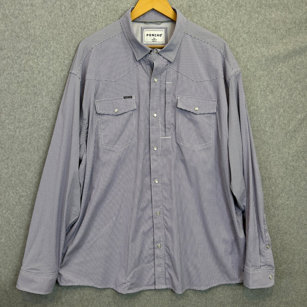 Poncho Fishing LS Shirt Blue Gingham Pearl Snap Zip Pocket Performance Mens XXL